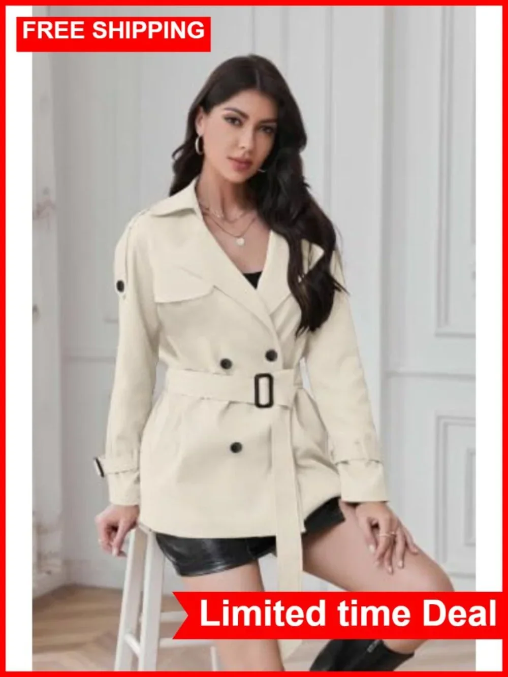 Water-Repellent Double Breasted Belted Short Trench Coat